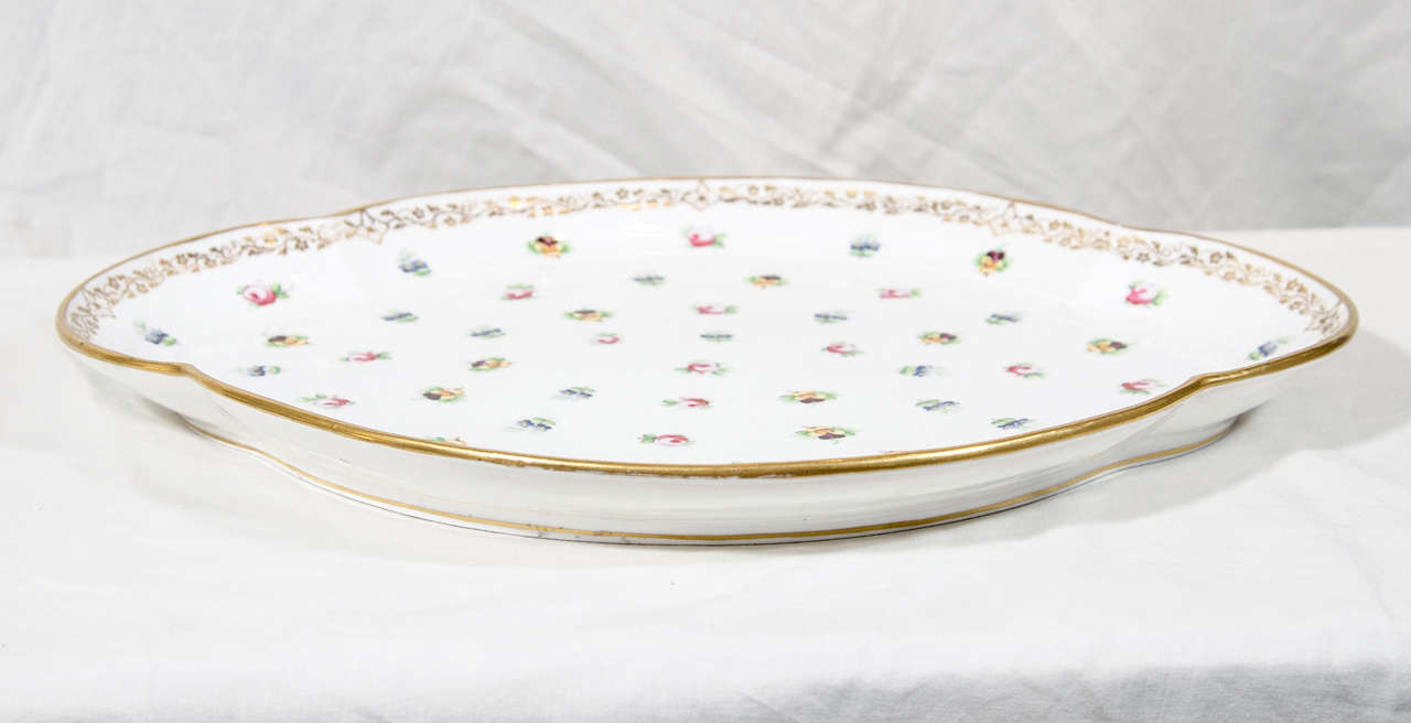 Antique Porcelain Serving Tray Decorated with Pink Roses and Pansies In Excellent Condition In Katonah, NY