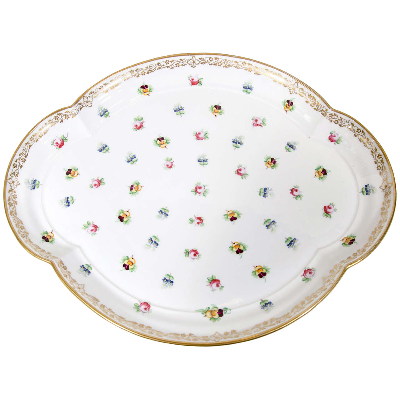 Antique Porcelain Serving Tray Decorated with Pink Roses and Pansies