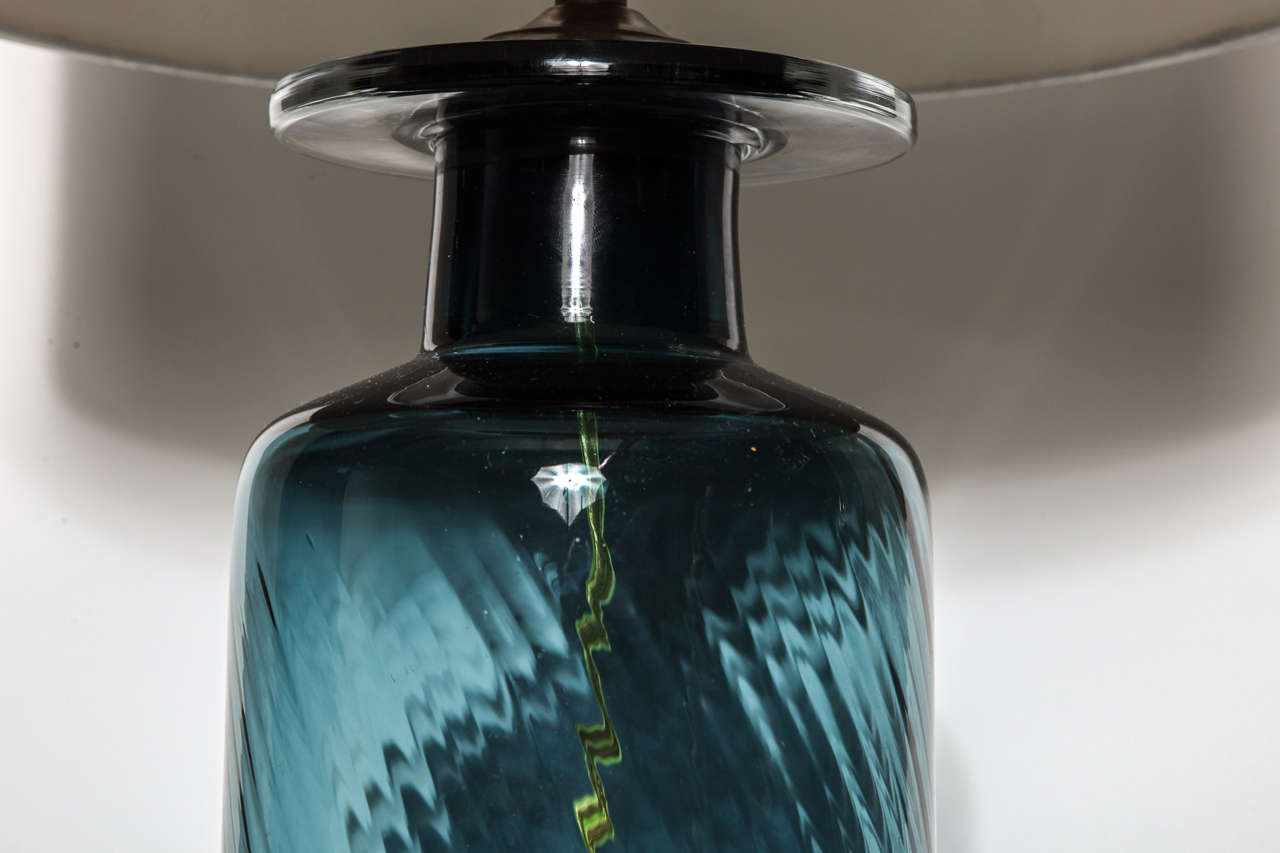 Pair of Teal Blue Murano Glass Table Lamps In Excellent Condition In Valley Stream, NY