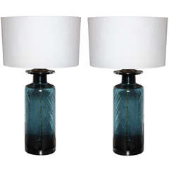 Pair of Teal Blue Murano Glass Table Lamps