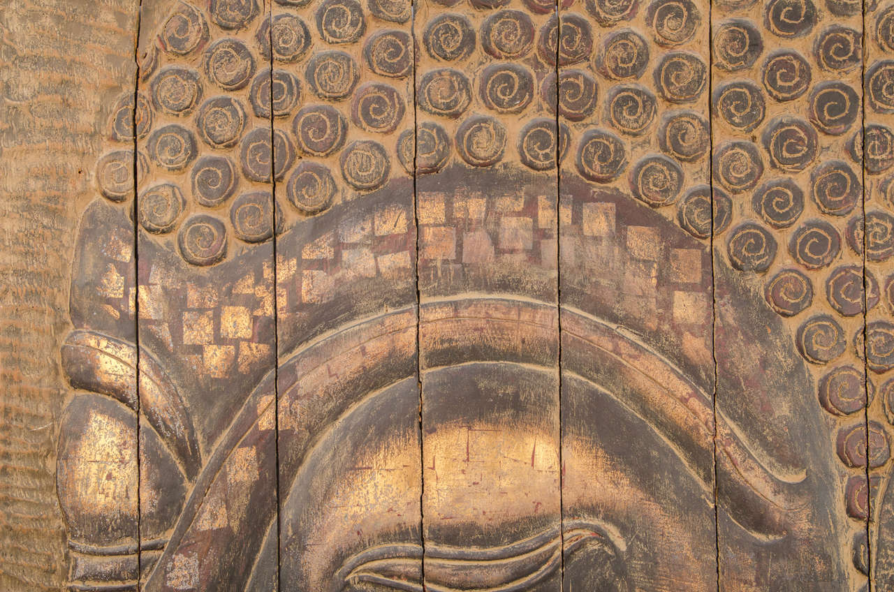 Large Scale Buddha Panel on Hand Carved Reclaimed Wood In Excellent Condition In Fort Lauderdale, FL