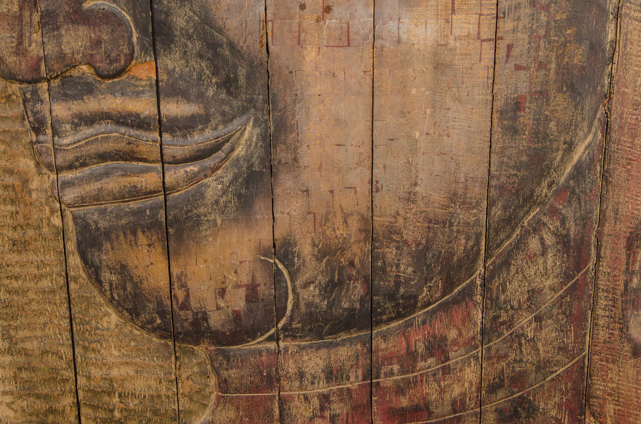 20th Century Large Scale Buddha Panel on Hand Carved Reclaimed Wood
