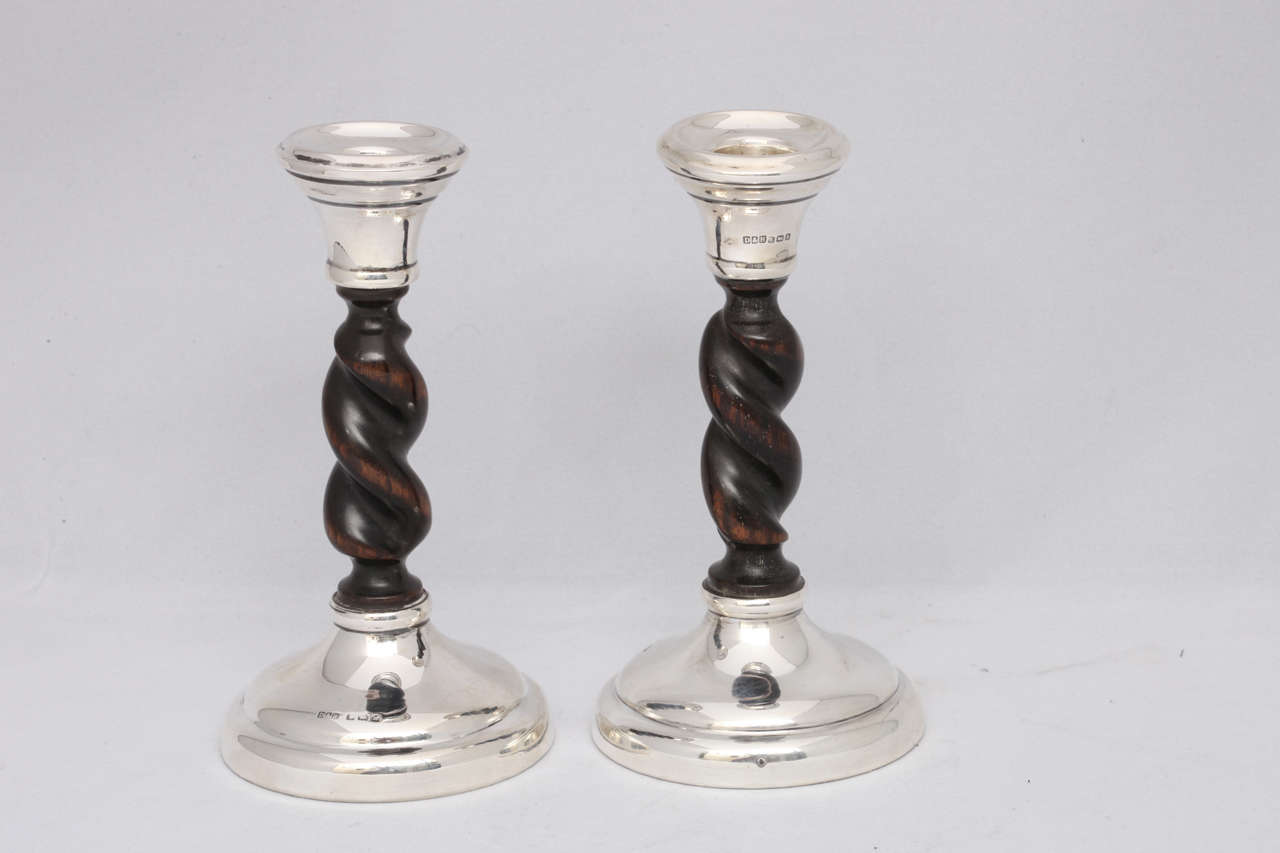 Pair of Jacobean - Style Sterling Silver-Mounted Barley-Twist Oak Candlesticks