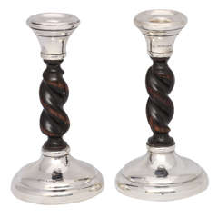 Pair of Jacobean - Style Sterling Silver-Mounted Barley-Twist Oak Candlesticks