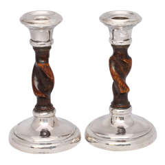 Jacobean Style Sterling Silver-Mounted Oak "Barley Twist" Candlesticks