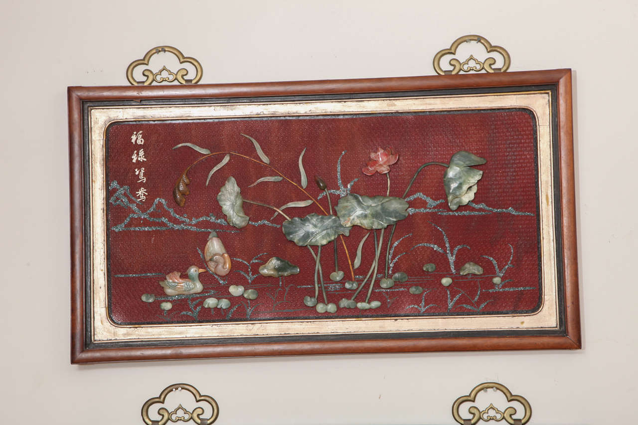 Pair of Fine Chinese Cinnabar and Carved Jade Wall Decorations In Good Condition In New York, NY