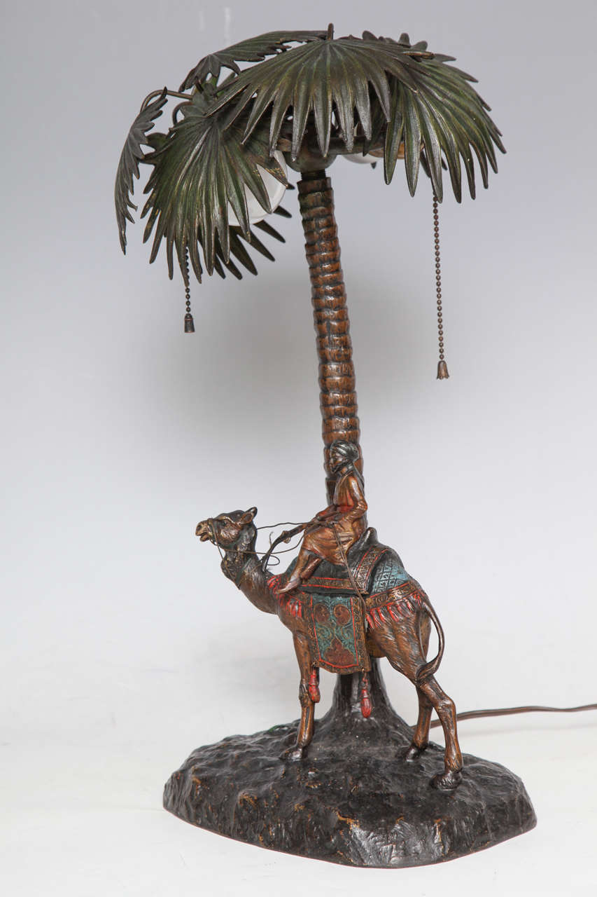 Cold-Painted Fine Viennese Cold Painted Bronze Orientalist Lamp Attributed to Bergman For Sale