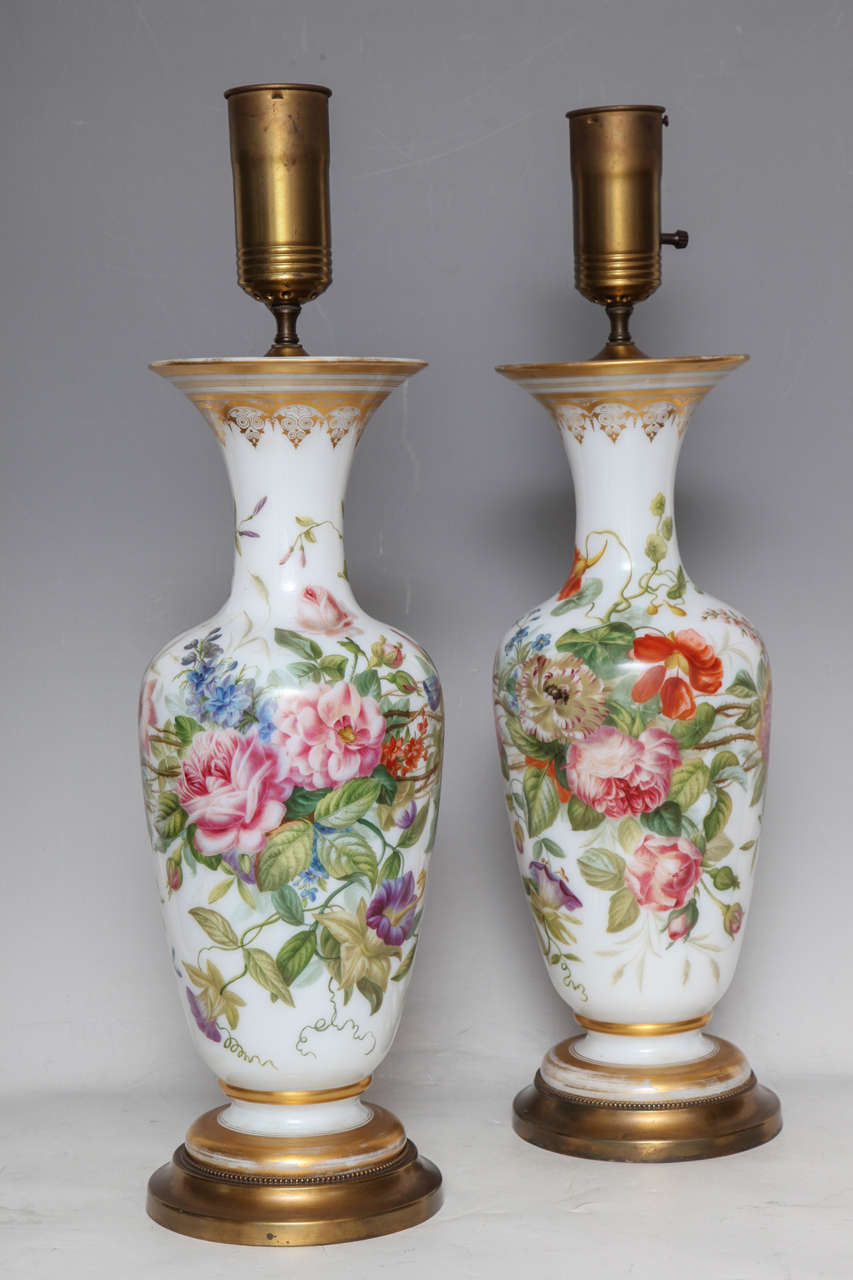 Louis XVI Pair of Baccarat Opaline Finely Painted Vases Attributed to Jean Francois Robert For Sale