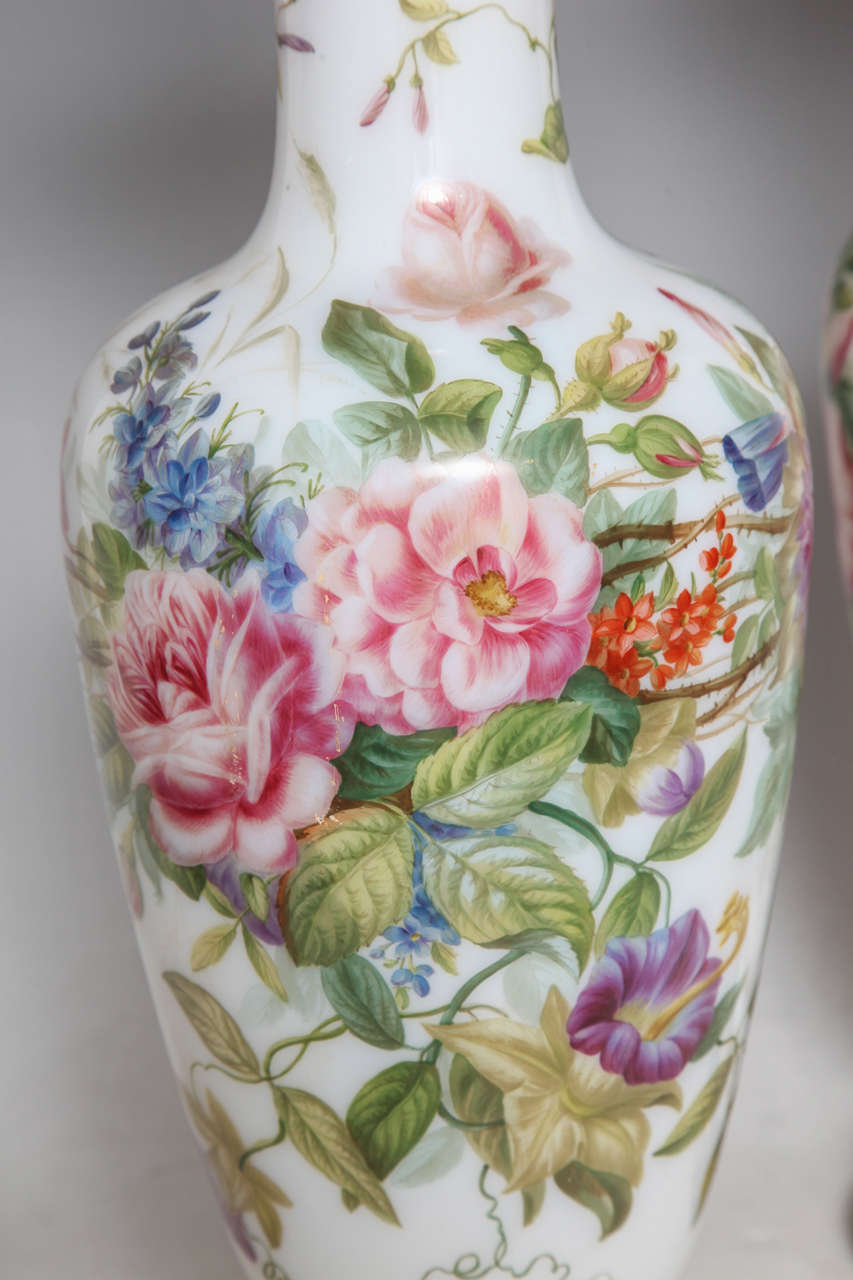 French Pair of Baccarat Opaline Finely Painted Vases Attributed to Jean Francois Robert For Sale