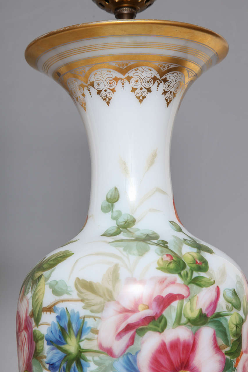 Opaline Glass Pair of Baccarat Opaline Finely Painted Vases Attributed to Jean Francois Robert For Sale