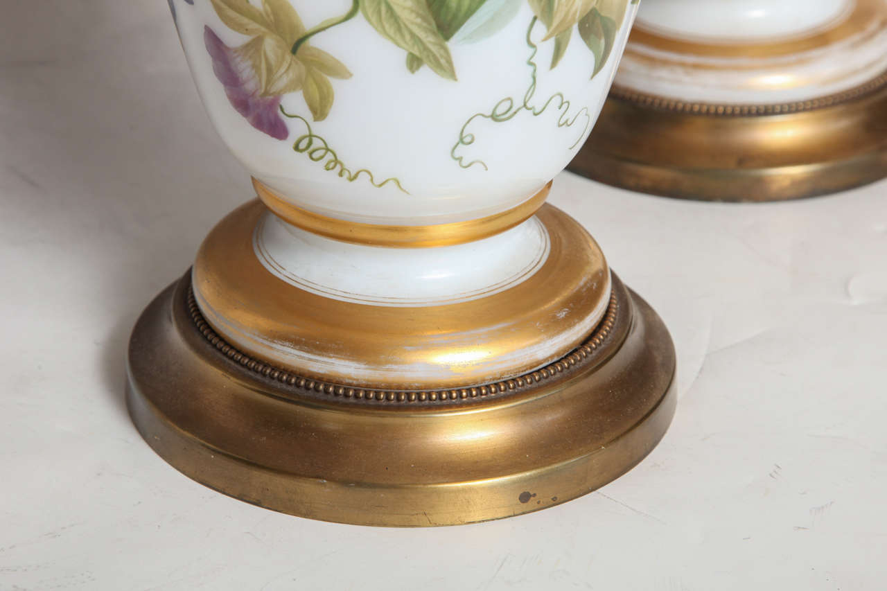 Pair of Baccarat Opaline Finely Painted Vases Attributed to Jean Francois Robert For Sale 1