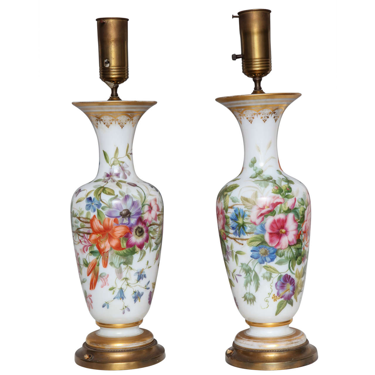 Pair of Baccarat Opaline Finely Painted Vases Attributed to Jean Francois Robert For Sale