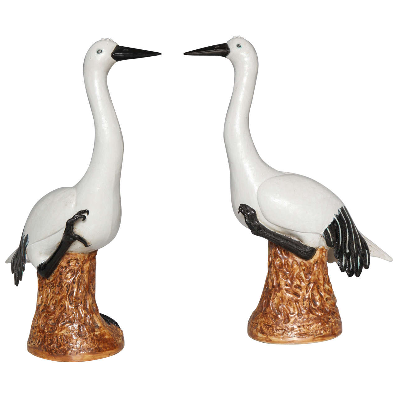 Antique Pair of Chinese Export Porcelain Crane Sculptures, 19th Century
