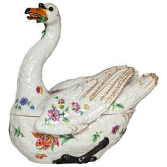 Antique Large 18th Century Meissen Porcelain Covered Swan Tureen