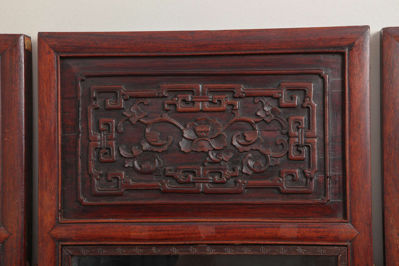 Polychromed Antique Chinese Carved Rosewood with Polychrome and Lacquer Six-Panel Screen