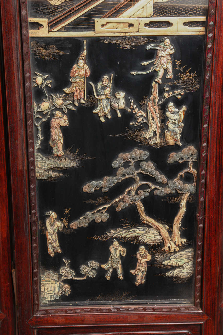 Antique Chinese Carved Rosewood with Polychrome and Lacquer Six-Panel Screen In Excellent Condition In New York, NY