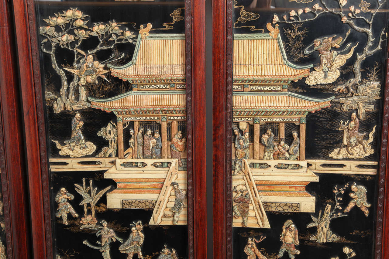 Antique Chinese Carved Rosewood with Polychrome and Lacquer Six-Panel Screen 1