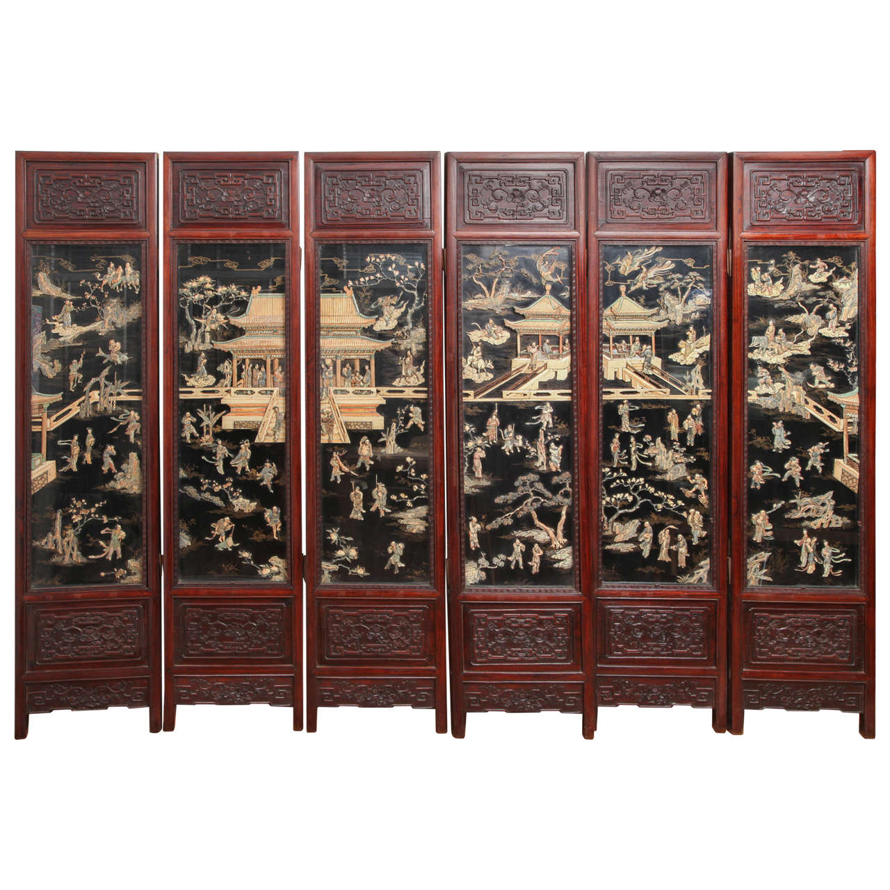 Antique Chinese Carved Rosewood with Polychrome and Lacquer Six-Panel Screen