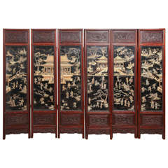 Paravent chinois ancien en bois de rose sculpté avec polychromie et laque à six panneaux