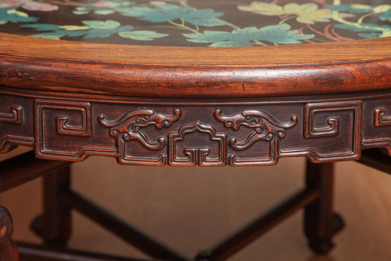Cloissoné Antique Chinese Carved Rosewood and Floral Enamel Cloisonné Circular Table For Sale