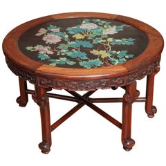 Antique Chinese Carved Rosewood and Floral Enamel Cloisonné Circular Table