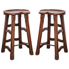 Antique Pair of Carved Oak Barstools