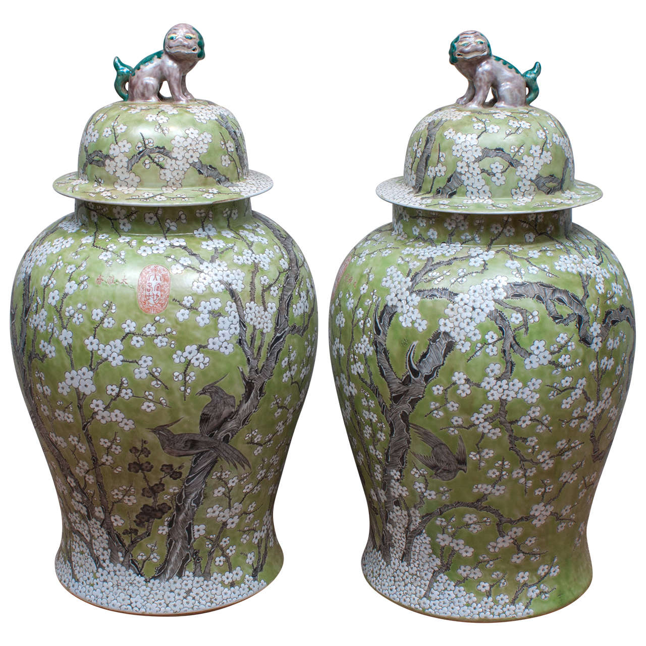 Monumental Pair of Chinese Famille Verte Lidded Jars For Sale