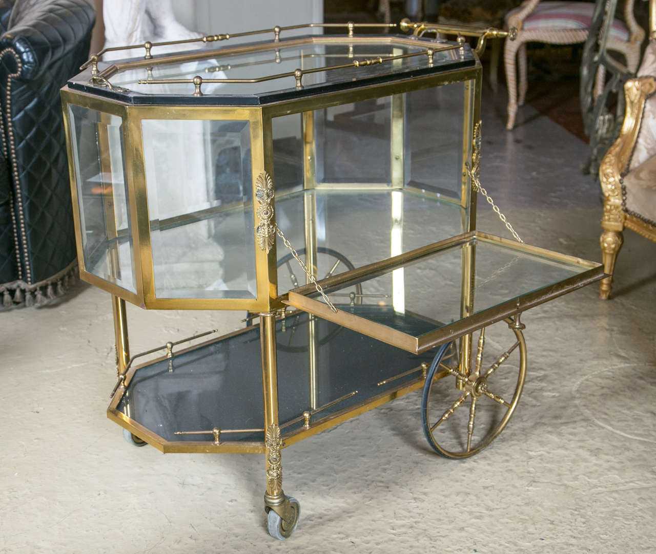 American Bronze and Glass Vitrine Serving Tea Wagon