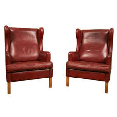 Vintage Pair of Danish Design Red Leather Wingback Armchairs