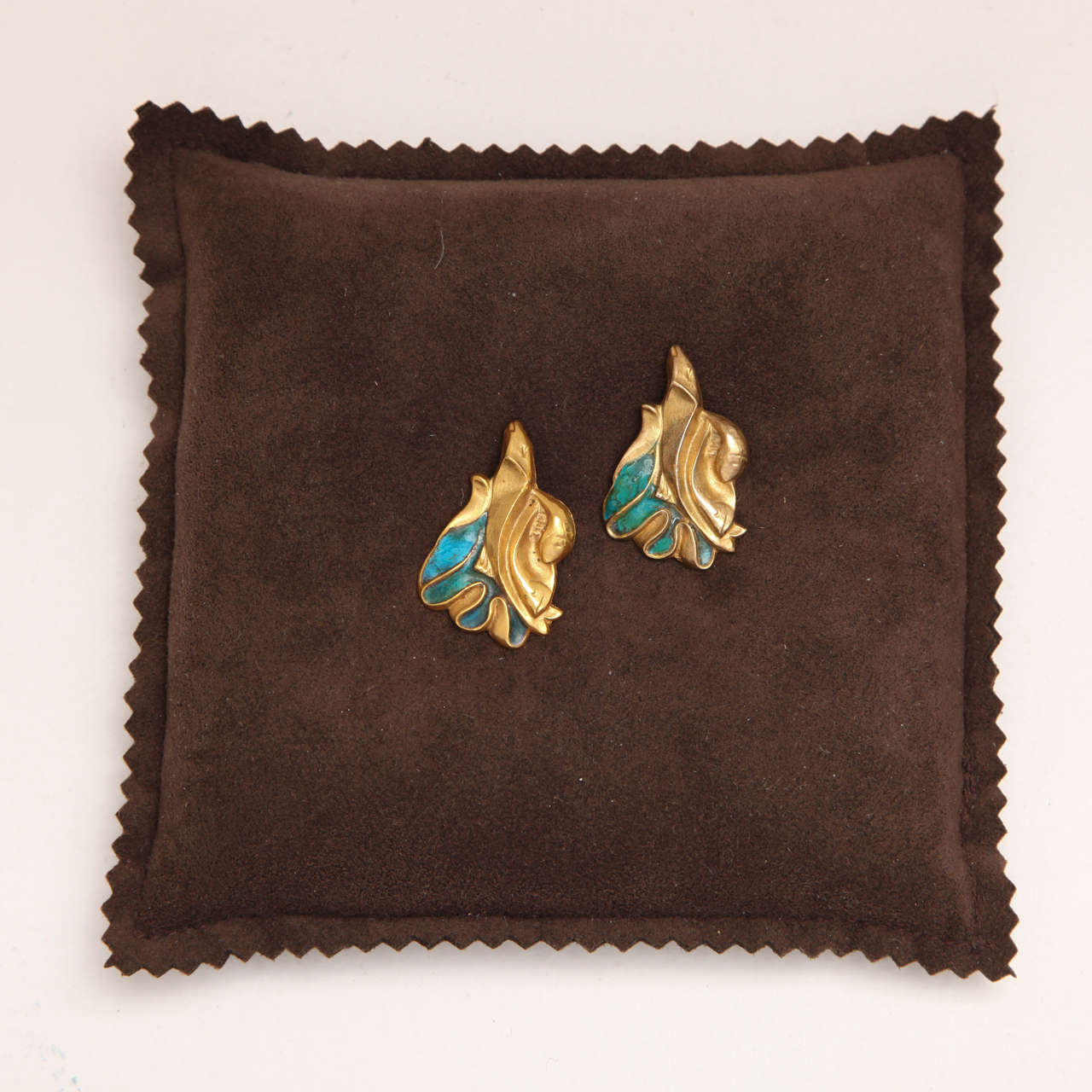 French Pair of Line Vautrin Earrings in Turquoise Enamelled Bronze