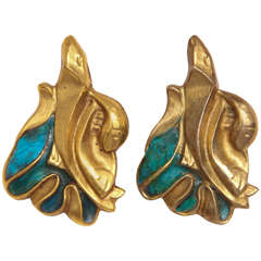 Pair of Line Vautrin Earrings in Turquoise Enamelled Bronze