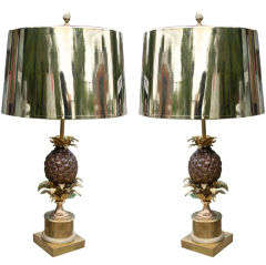 Vintage Pair of Bronze Pineapple Form Table Lamps by Maison Charles