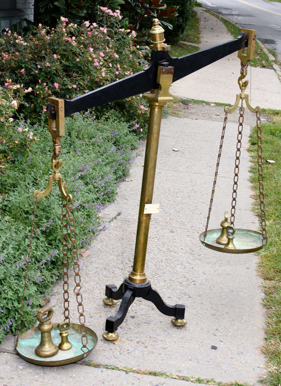 Large Antique French Brass and Iron Balance Scale with Weights In Excellent Condition For Sale In Mt Kisco, NY