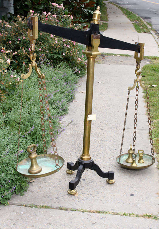 20th Century Large Antique French Brass and Iron Balance Scale with Weights For Sale