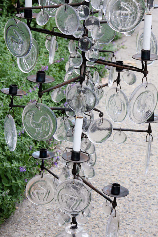 Rare Erik Höglund Wrought Iron & Glass Chandelier In Excellent Condition In Mt Kisco, NY