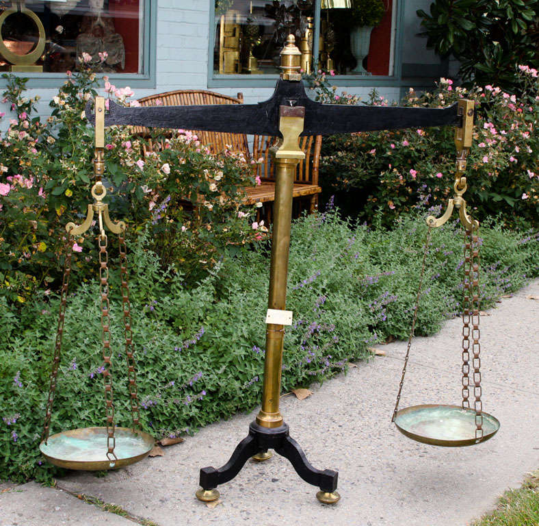 Large Antique French Brass and Iron Balance Scale with Weights For Sale
