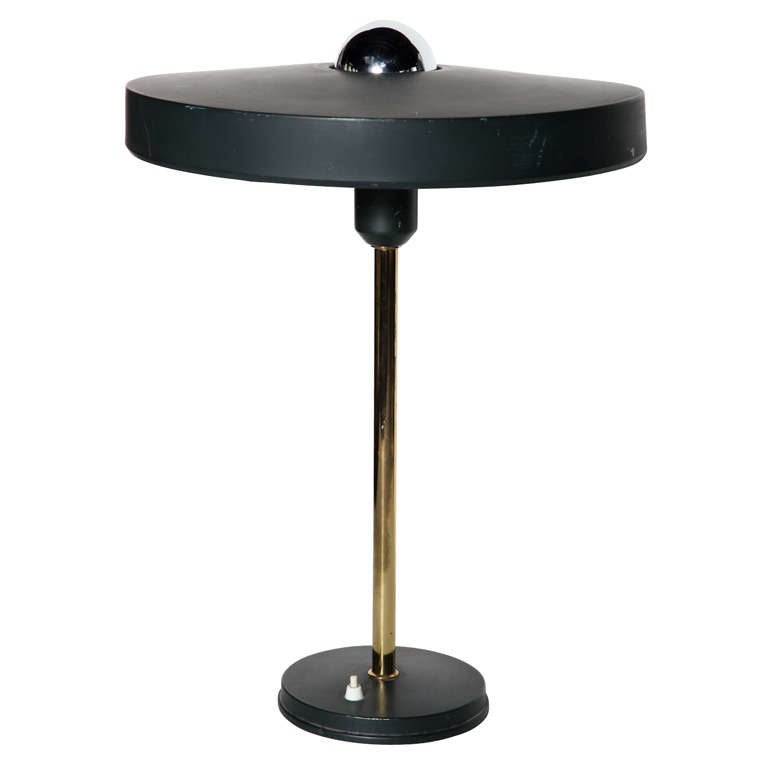 Larger Louis Kalff for Philips Dark Green & Brass "Timor" Lamp, Occasional Table For Sale