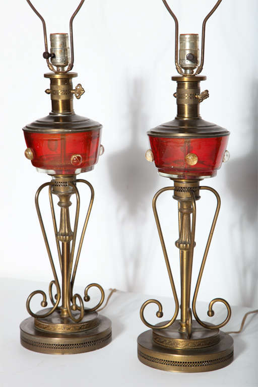 Hollywood Regency Pair of 1940's Red Murano Glass & Brass Oil Lamp Style Table Lamps, 1940's 