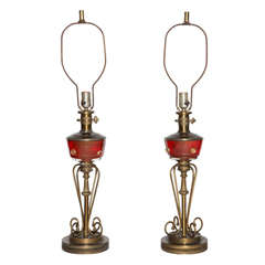 Pair of 1940's Italian Neapolitan Red Murano Glass and Brass Table Lamps 9