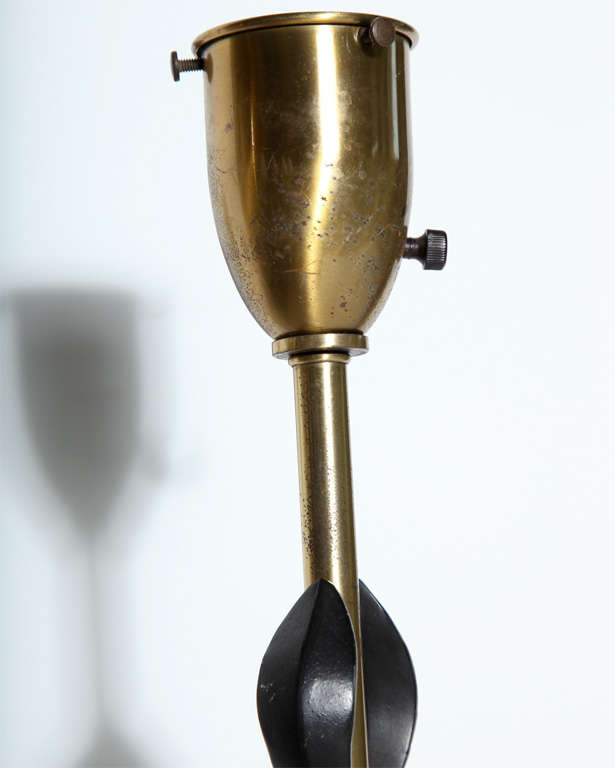 Mid-Century Modern Pair of Rembrandt Lamp Co. 1950s Brass & Black Fleur-de-LIs Black Handled Lamps For Sale