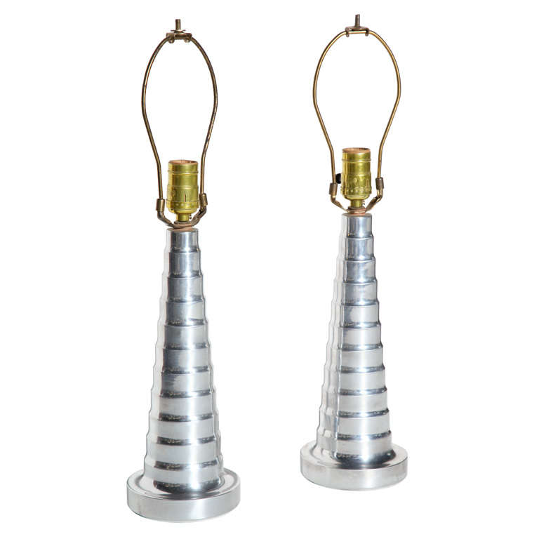 Pair of Machine Age Polished & Matte Turned Aluminum Table Lamps, C. 1930  For Sale