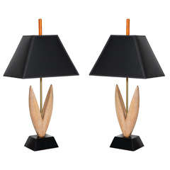 Pair of Yasha Heifetz Cerused Oak Tulip Leaf Form Table Lamps with Black Shades 12