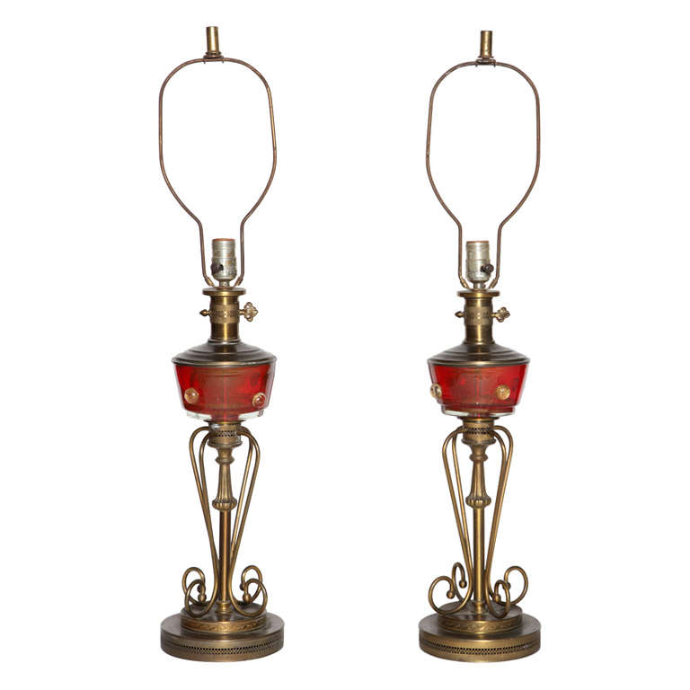 Pair of 1940's Red Murano Glass and Brass Oil Lamp Style Table Lamps
