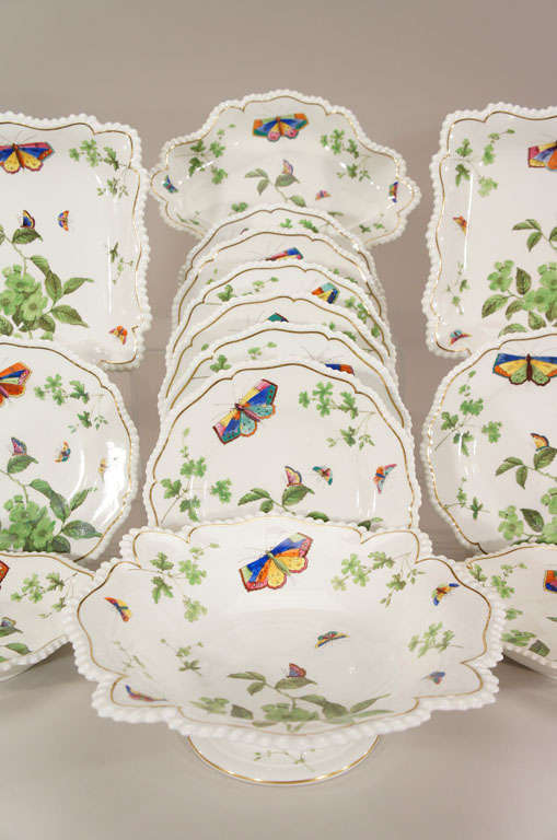 English Flight, Barr and Barr Hand-Painted Dessert Service with Butterflies