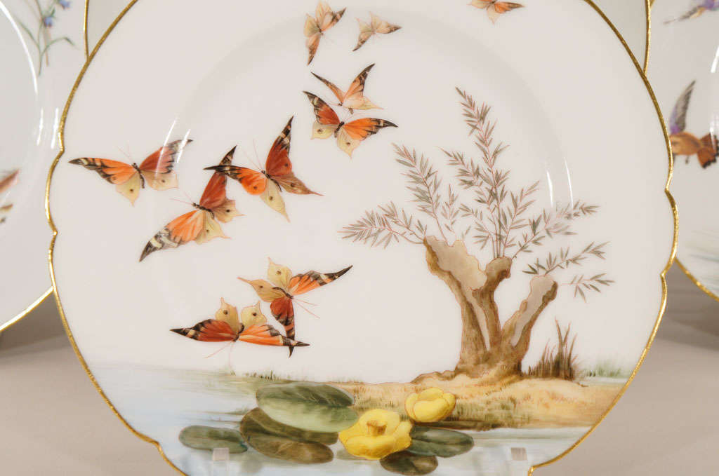 19th Century 12 French Hand Painted Dessert Plates W/ Butterflies &  Birds For Sale