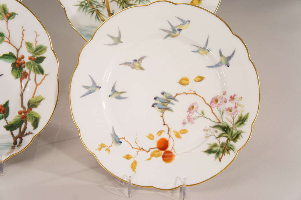 Porcelain 12 French Hand Painted Dessert Plates W/ Butterflies &  Birds For Sale