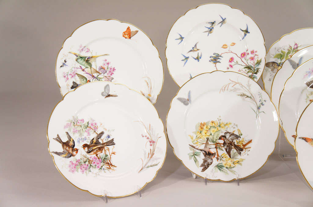 Porcelaine 12 assiettes à dessert françaises peintes à la main avec papillons et papillons  Oiseaux en vente