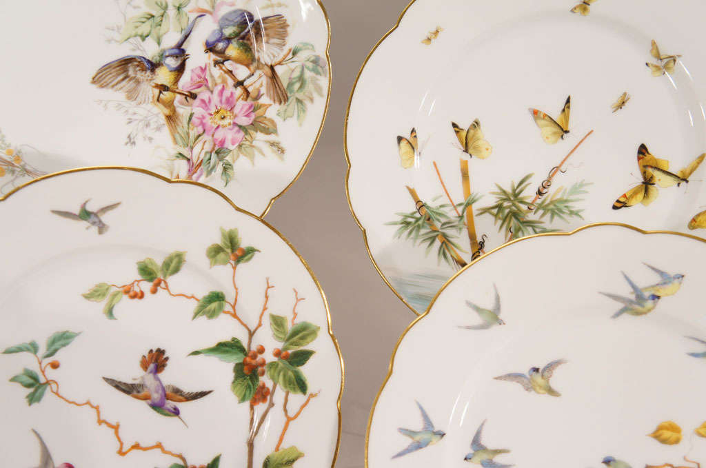 12 French Hand Painted Dessert Plates W/ Butterflies &  Birds For Sale 4