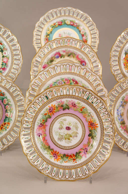 English Set of 10 Hand Painted Botanical Pierced Cabinet Plates For Sale