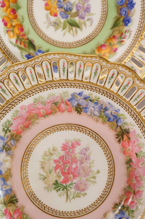 19th Century Set of 10 Hand Painted Botanical Pierced Cabinet Plates For Sale
